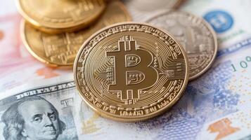 Close up of cryptocurrency coins banknotes, showcasing contrast between digital and fiat photo