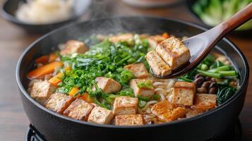 delicious bowl of steaming noodle soup with tofu, vegetables, and herbs, perfect for cozy meal photo