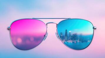 vibrant pair of sunglasses reflecting city skyline, showcasing dreamy atmosphere photo