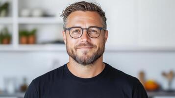 smiling man with glasses in modern kitchen, exuding confidence and warmth photo