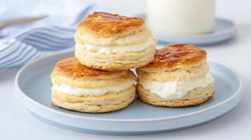 Freshly baked scones with cream and jam, perfect for delightful treat photo