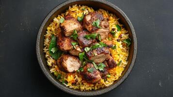 Juicy grilled chicken pieces on flavorful saffron infused rice create delightful dish photo