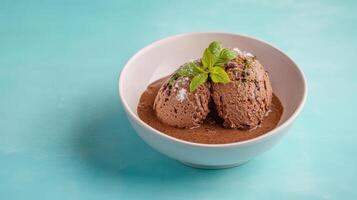 Creamy chocolate ice cream served in bowl, garnished with mint leaves and chocolate shavings photo