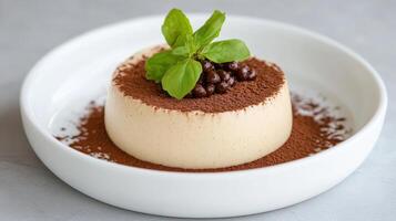 Creamy dessert topped with chocolate and herbs, perfect for fine dining experiences photo