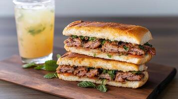Delicious Cuban sandwich with savory meat and fresh herbs, paired with refreshing drink photo