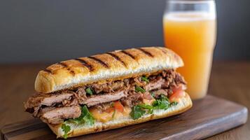 delicious Cuban sandwich featuring grilled meat, fresh vegetables, and refreshing drink photo