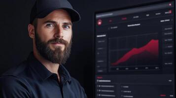 Professional man with beard and cap stands beside data dashboard displaying performance metrics photo