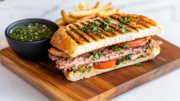 Cuban sandwich with grilled meat, fresh herbs, and side of fries photo
