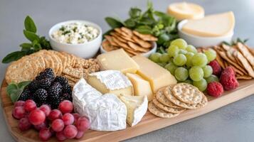 delightful cheese platter featuring variety of cheeses, fruits, and crackers, perfect for photo
