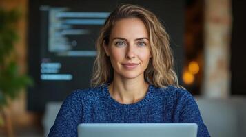 confident woman working on laptop, showcasing her skills in technology and coding photo
