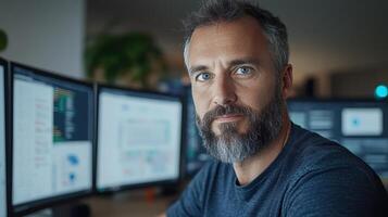 focused cybersecurity specialist analyzing financial transactions multiple monitors photo