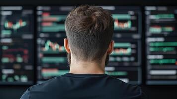 focused individual analyzes financial data multiple screens, showcasing market trends and photo