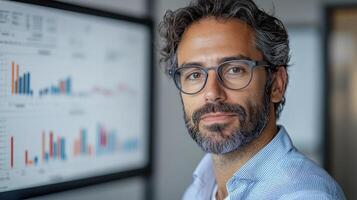 Data scientist analyzing predictive modeling results with graphs and charts photo
