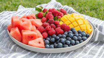 Fresh fruit platter with watermelon, raspberries, mango, and blueberries on picnic blanket photo