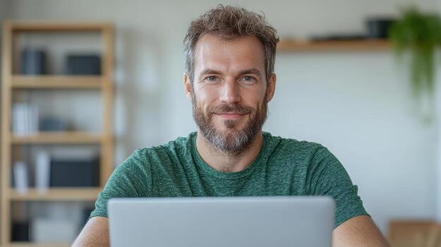 smiling man with beard is sitting at desk, working on laptop in modern workspace photo
