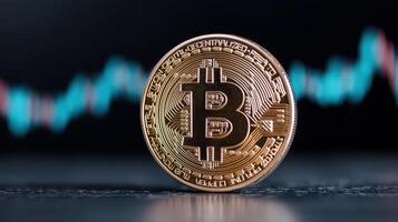shiny Bitcoin coin stands prominently against backdrop of fluctuating price charts photo