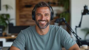 Smiling man wearing headphones in modern workspace, exuding confidence and positivity photo