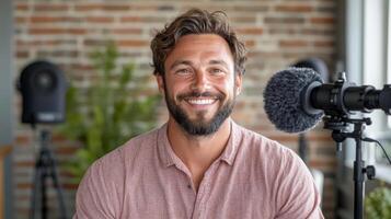 Creating engaging online content, man smiles confidently in modern studio setting photo
