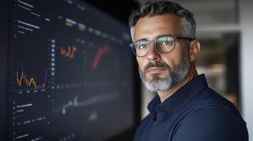Professional man analyzing data screen, showcasing insights and trends modern office environment photo