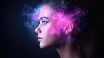 profile of young woman with colorful smoke effects around her head, symbolizing creativity and photo
