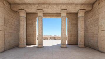 Ancient temple interior with detailed columns and stone walls, showcasing historical photo
