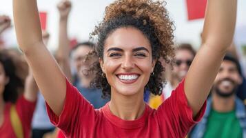 Empowered activist smiling joyfully at rally, surrounded by supporters holding signs photo