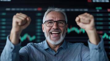 Successful investor celebrating with excitement and joy in front of stock market data photo