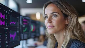 focused professional analyzing data on multiple screens, showcasing financial graphs and trends photo
