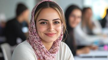 Smiling woman wearing floral headscarf classroom setting, radiating positivity and engagement photo