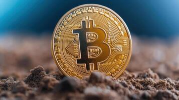 stunning visual of Bitcoin coin resting on textured soil, symbolizing growth and investment photo
