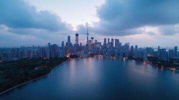 stunning aerial view of city skyline dusk, showcasing modern architecture and serene waterfront photo