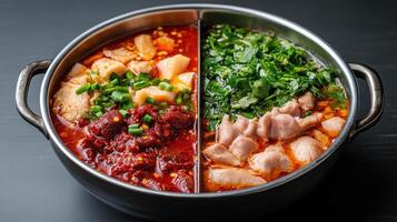 delicious dual flavored hot pot featuring spicy red broth and fresh herb infused side photo