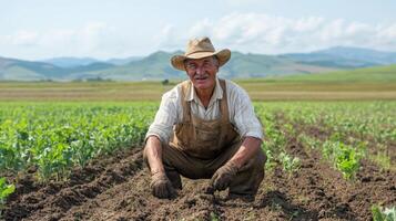 farmer working diligently in lush field, showcasing regenerative agriculture practices photo