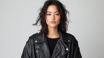 confident model showcases stylish black leather jacket, exuding modern fashion vibes photo