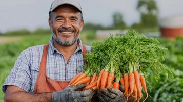 Freshly harvested carrots held by smiling farmer in vibrant field, showcasing joy and hard work photo