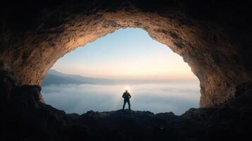 fearless spelunker stands at cave entrance, illuminated by dawn light, embracing adventure photo
