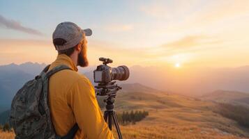 Capturing breathtaking sunset, photographer stands on mountain, ready to shoot photo