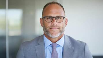 Professional man suit with glasses, exuding confidence and expertise modern office setting photo