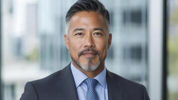 Professional man in suit with confident expression, standing in office setting photo