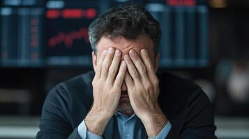 stressed individual with hands covering their face, surrounded by financial data displays photo