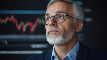 financial trader analyzing stock price trends with thoughtful expression photo