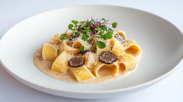 Creamy pasta dish with truffles, garnished with microgreens and cheese, exuding elegance and photo