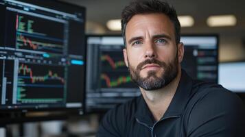 Professional financial trader analyzing stock indices with multiple screens displaying data and photo