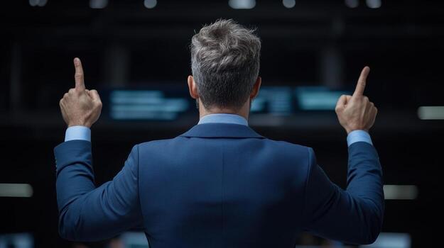 professional man in suit gestures confidently while presenting in modern setting photo