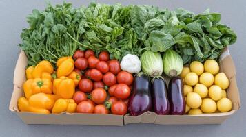 Fresh vegetables colorful arrangement, including peppers, tomatoes, and greens, evoke healthy photo
