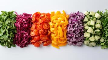 Fresh salad ingredients arranged in vibrant colors, showcasing healthy vegetables and greens photo