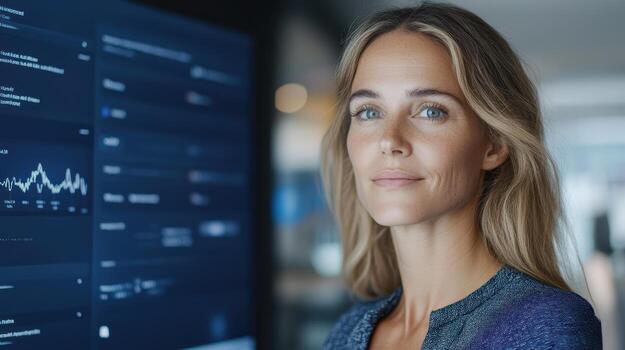 Innovative professional analyzing data on digital screen, showcasing confidence and focus photo