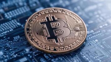 Digital currency symbol on circuit board background, representing modern finance and technology photo