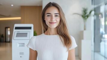 confident woman smiles in modern banking environment, showcasing futuristic kiosk photo