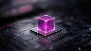 futuristic digital cube glowing pink sits circuit board, symbolizing advanced technology and photo